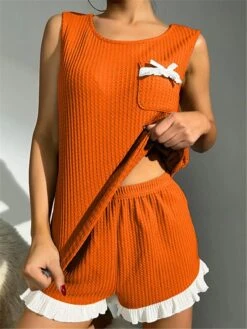 Women's Pajamas Pajama Top And Pant Sets Pure Color Simple Casual Soft Home Daily Bed Waffle Fabric Breathable Crew Neck Sleeveless Shorts Summer Spring Yellow Pink -Deals The Sexy Bra Store tyhrbl1679451496102