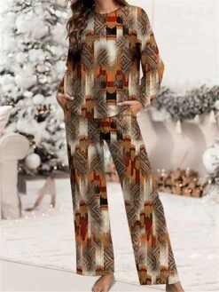 Women's Aztec Pajamas Sets Long Sleeve Geometic Color Combo Warm Retro Comfort Home Daily Polyester Crew Neck Long Sleeve T Shirt Tee Fall Winter Blue Brown