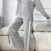 Women's Pajamas Sets Patchwork Fashion Casual Comfort Home Bed Polyester Warm Breathable Crew Neck Long Sleeve Pullover Pant Fall Winter Gray