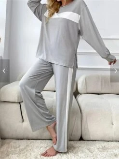 Women's Pajamas Sets Patchwork Fashion Casual Comfort Home Bed Polyester Warm Breathable Crew Neck Long Sleeve Pullover Pant Fall Winter Gray