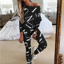 Women's Letter Print Lounge Sets Sweatsuit 2 PcsCrew Neck Long Sleeve Tops & Slim Pants Outfits Sport Comfort Home Street Vacation Polyester Off Shoulder Fall Winter S 2XL Black White -Deals The Sexy Bra Store tzhzzq1661329481127