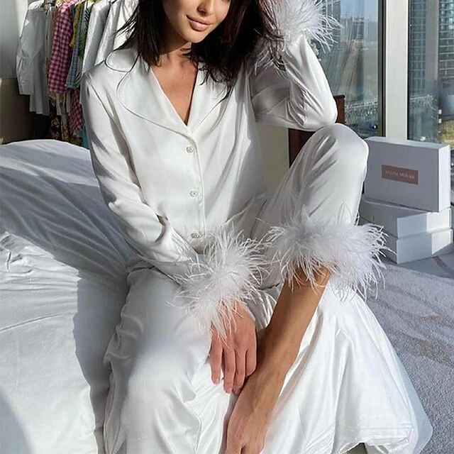 Women's Gift Loungewear Pajamas Sets Home Party Valentine's Day Feather Pure Color Silk Simple Soft Shirt Pant Fall Spring Summer Lapel Long Sleeve Long Pant Buckle Pocket 1 Women's Gift Loungewear Pajamas Sets Home Party Valentine's Day Feather Pure Color Silk Simple Soft Shirt Pant Fall Spring Summer Lapel Long Sleeve Long Pant Buckle Pocket