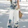 Women's Petite Sets 2 Pieces Flower Casual Comfort Street Daily Polyester Breathable Crew Neck Sleeveless Pant Summer Spring Black White