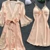 Women's Pajamas Bathrobe Robes Gown Nightgown 2 Pieces Pure Color Hot Comfort Soft Home Daily Bed Satin Breathable V Wire Half Sleeve Summer Spring Silver Yellow