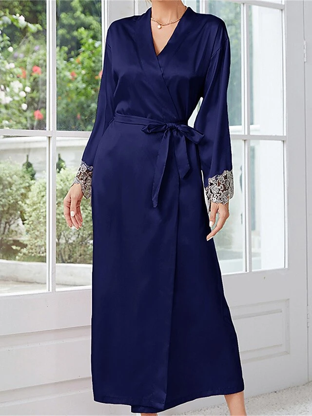 Women's Satin Silk Bathrobe Robe Embroidered Lace Decoration Long Sleeve Nightgown Pure Color Fashion Casual Comfort Home Daily Bed Summer Fall Black Pink 7 Women's Satin Silk Bathrobe Robe Embroidered Lace Decoration Long Sleeve Nightgown Pure Color Fashion Casual Comfort Home Daily Bed Summer Fall Black Pink - Image 7