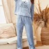 Women's Fuzzy Pajamas Sets Cartoon Cat Fashion Casual Soft Home Daily Bed Flannel Breathable Crew Neck Long Sleeve Pant Fall Winter Blue