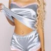 Women's Pajamas Pajama Top And Pant Sets Pure Color Fashion Casual Soft Home Daily Bed Satin Breathable Straps Sleeveless Strap Top Shorts Backless Summer Spring Silver Black