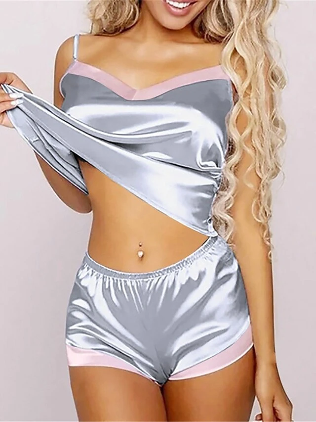 Women's Pajamas Pajama Top And Pant Sets Pure Color Fashion Casual Soft Home Daily Bed Satin Breathable Straps Sleeveless Strap Top Shorts Backless Summer Spring Silver Black 1 Women's Pajamas Pajama Top And Pant Sets Pure Color Fashion Casual Soft Home Daily Bed Satin Breathable Straps Sleeveless Strap Top Shorts Backless Summer Spring Silver Black