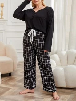 Women's Plus Size Loungewear Sets Grid / Plaid Fashion Comfort Soft Home Daily Bed Polyester Breathable V Wire Long Sleeve Pullover Pant Fall Winter 21047M-Black -Deals The Sexy Bra Store uegqut1693986216662