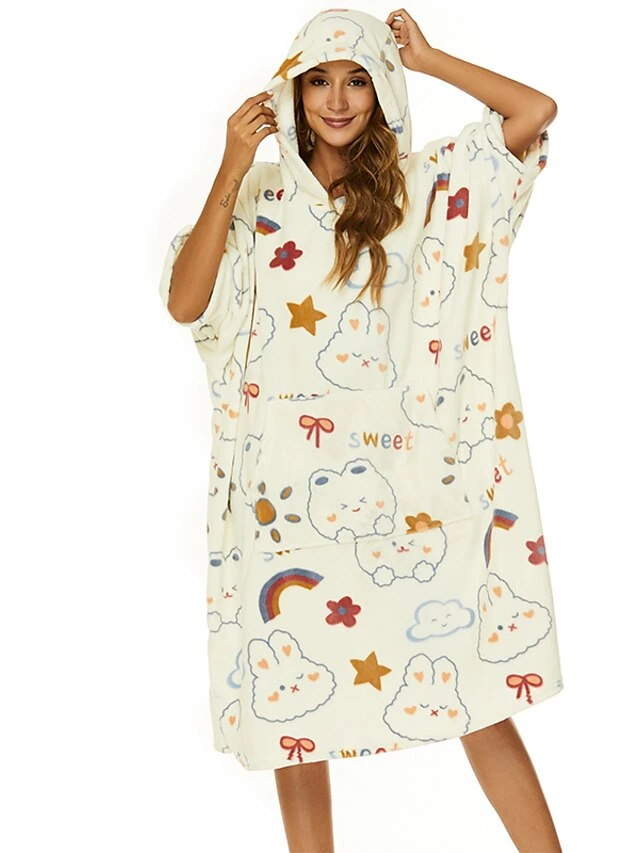 Women's Robes Gown Cartoon Comfort Home Polyester Comfort Hoodie Short Sleeve Pullover Pocket Hoodie Summer Beige 4 Women's Robes Gown Cartoon Comfort Home Polyester Comfort Hoodie Short Sleeve Pullover Pocket Hoodie Summer Beige - Image 4