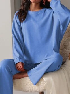Women's Loungewear Sets Pure Color Fashion Casual Comfort Street Daily Going Out Cotton Breathable Crew Neck Long Sleeve Pant Summer Fall Blue Green -Deals The Sexy Bra Store ufsgbk1693300603239