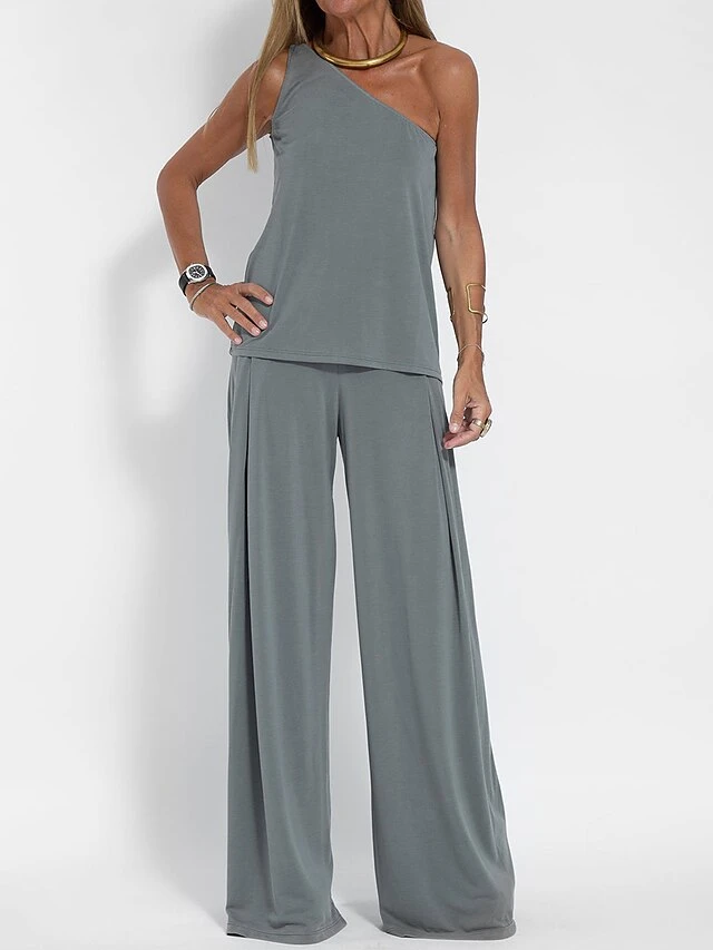 Women's Sets 4 Pcs Cotton And Spandex One Shoulder Shirt Long Vest Cardigan And Wide Leg Pants Pure Color Comfort Soft Home Daily Jersey Summer Spring Black Gray 8 Women's Sets 4 Pcs Cotton And Spandex One Shoulder Shirt Long Vest Cardigan And Wide Leg Pants Pure Color Comfort Soft Home Daily Jersey Summer Spring Black Gray - Image 8