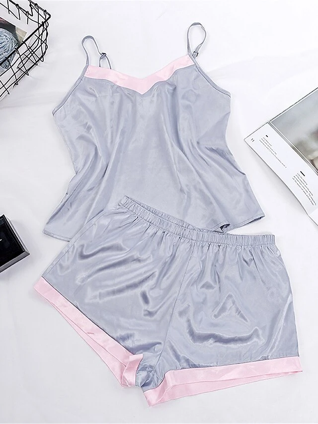 Women's Pajamas Pajama Top And Pant Sets Pure Color Fashion Casual Soft Home Daily Bed Satin Breathable Straps Sleeveless Strap Top Shorts Backless Summer Spring Silver Black 11 Women's Pajamas Pajama Top And Pant Sets Pure Color Fashion Casual Soft Home Daily Bed Satin Breathable Straps Sleeveless Strap Top Shorts Backless Summer Spring Silver Black - Image 11