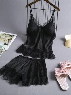 Women's Plus Size Sexy Lingerie Lingerie Set Sets Pure Color Lovers Hot Comfort Home Bed Valentine's Day Satin Breathable V Wire Sleeveless Strap Top Shorts Backless Summer Spring Black Pink -Deals The Sexy Bra Store uiawao1687857769157