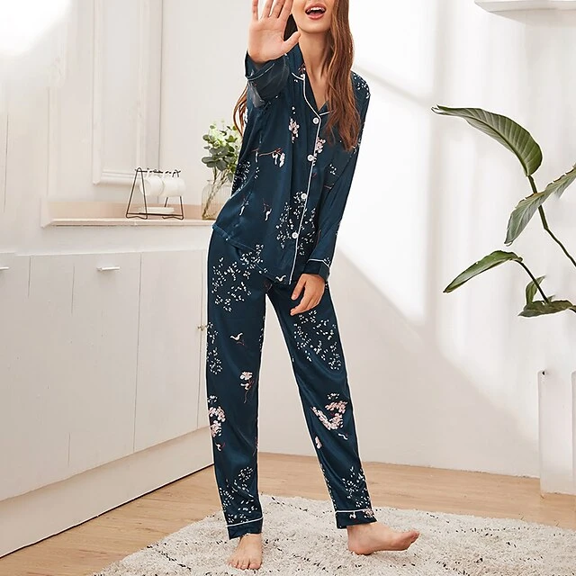 Women's Pajamas Sets Pjs 2 Pieces Flower Simple Hot Comfort Party Home Daily Satin Lapel Long Sleeve Shirt Pant Elastic Waist Fall Spring 6003 6020 9 Women's Pajamas Sets Pjs 2 Pieces Flower Simple Hot Comfort Party Home Daily Satin Lapel Long Sleeve Shirt Pant Elastic Waist Fall Spring 6003 6020 - Image 9