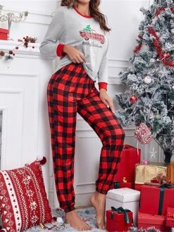 Women's Christmas Xmas Lounge Sets Letter Grid / Plaid Simple Casual Comfort Polyester Breathable Crew Neck Long Sleeve T Shirt Tee Pant Elastic Waist Fall Winter Light Grey -Deals The Sexy Bra Store uiumbk1695281837552