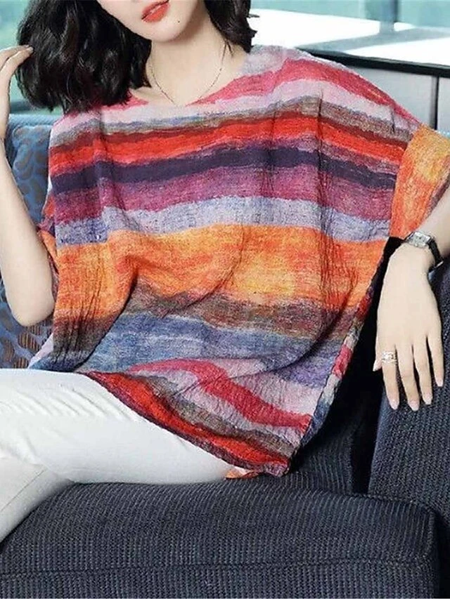 Women's Loungewear Top Rainbow Stripe Fashion Casual Street Date Airport Polyester Breathable Crew Neck Half Sleeve Backless Summer Spring Rainbow 1 Women's Loungewear Top Rainbow Stripe Fashion Casual Street Date Airport Polyester Breathable Crew Neck Half Sleeve Backless Summer Spring Rainbow