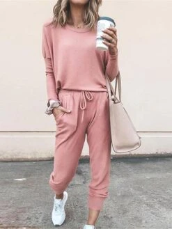 Women's Lounge Sets Crew Neck Long Sleeve Shirt And Elastic Waist Pants With Pockets Pure Color Fashion Casual Soft Home Daily Bed Polyester Breathable Summer Autumn Black Pink -Deals The Sexy Bra Store umhwxc1688111253054