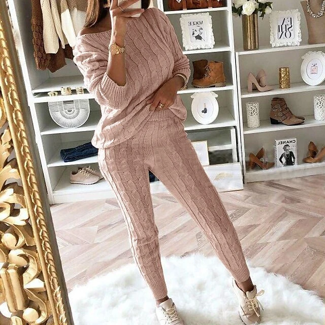 Women's Loungewear Sweatsuit Sets 2 Pieces Pure Color Warm Fashion Sport Home Street Airport Knit Off Shoulder Long Sleeve Sweater Pant Fall Winter Lotus Pink Black 10 Women's Loungewear Sweatsuit Sets 2 Pieces Pure Color Warm Fashion Sport Home Street Airport Knit Off Shoulder Long Sleeve Sweater Pant Fall Winter Lotus Pink Black - Image 10