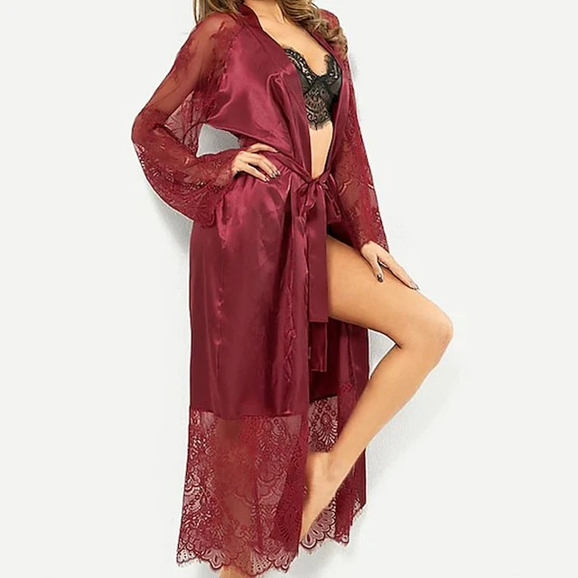 Women's Bathrobe Robes Gown Nighty Silk Kimono 1 PCS Pure Color Simple Casual Comfort Party Home Wedding Party Satin Gift V Neck Long Sleeve Lace Belt Included Summer Spring Black White 3 Women's Bathrobe Robes Gown Nighty Silk Kimono 1 PCS Pure Color Simple Casual Comfort Party Home Wedding Party Satin Gift V Neck Long Sleeve Lace Belt Included Summer Spring Black White - Image 3