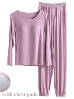 Women's Modal Pajamas Sets With Chest Pads Pure Color Casual Comfort Home Bed Modal Breathable Crew Neck Long Sleeve T Shirt Tee Pant Elastic Waist Fall Winter Black White