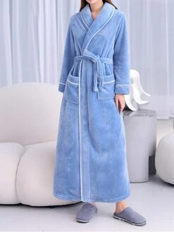 Couple‘s Flannel Bathrobe Pajamas Patchwork Warm Simple Plush Home Bed Warm Breathable V Wire Long Sleeve Pocket Fall Winter -Deals The Sexy Bra Store uppgxr1696232023172