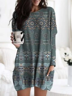 Women's Nightgown Stripe Geometic Fashion Comfort Home Daily Polyester Crew Neck Long Sleeve Pocket Fall Winter Red Blue