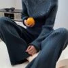 Women's Lounge Sets Sweater Sets Pure Color Fashion Casual Comfort Home Street Daily Polyester Breathable Crew Neck Long Sleeve Sweater Pant Fall Winter Black Blue
