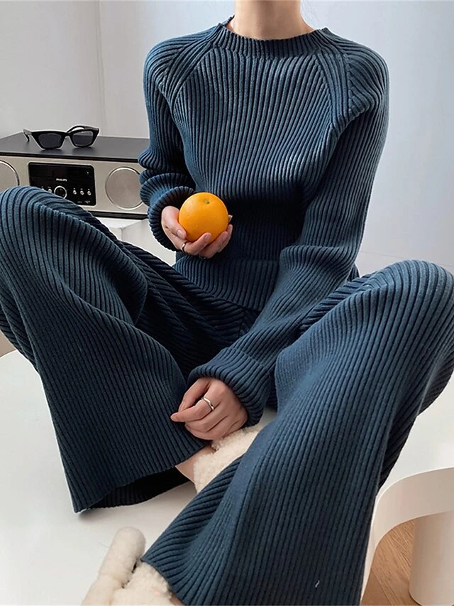 Women's Lounge Sets Sweater Sets Pure Color Fashion Casual Comfort Home Street Daily Polyester Breathable Crew Neck Long Sleeve Sweater Pant Fall Winter Black Blue 1 Women's Lounge Sets Sweater Sets Pure Color Fashion Casual Comfort Home Street Daily Polyester Breathable Crew Neck Long Sleeve Sweater Pant Fall Winter Black Blue