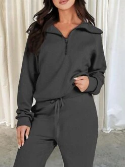 Women's Loungewear Sets Pure Color Casual Comfort Home Street Daily Polyester Breathable Lapel Long Sleeve Pullover Pant Pocket Fall Winter Lake Blue Black -Deals The Sexy Bra Store uqewby1696751808587