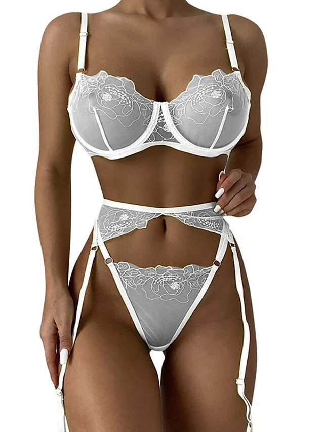 Women's Sexy Bodies Garter Lingerie Set 1 Set Pure Color Hot Home Bed Valentine's Day Lace Breathable Straps Sleeveless Backless Embroidery Spring Summer White Gray / Polyester 3 Women's Sexy Bodies Garter Lingerie Set 1 Set Pure Color Hot Home Bed Valentine's Day Lace Breathable Straps Sleeveless Backless Embroidery Spring Summer White Gray / Polyester - Image 3
