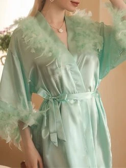 Women's Pajamas Robe Bathrobe Pure Color Fashion Comfort Soft Home Bed Wedding Party Polyester Breathable V Wire Feather Fall Winter Claret Deep Purple -Deals The Sexy Bra Store urornh1694742420190