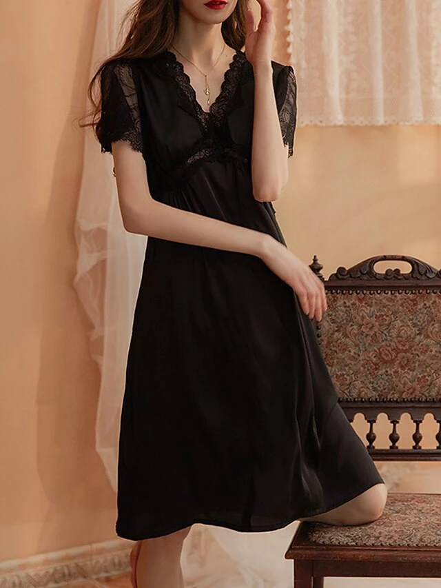 Women's Bridal Lingerie Pajamas Lace Nightgown Nightshirt Dress Pure Color Simple Casual Comfort Home Daily Bed Satin Breathable V Wire Short Sleeve Fall Winter Black White 5 Women's Bridal Lingerie Pajamas Lace Nightgown Nightshirt Dress Pure Color Simple Casual Comfort Home Daily Bed Satin Breathable V Wire Short Sleeve Fall Winter Black White - Image 5