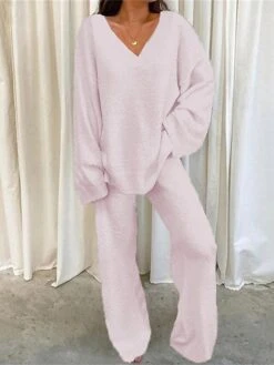 Women's Loungewear Sets Pure Color Plush Casual Comfort Home Street Daily Sherpa Warm Breathable V Wire Long Sleeve Pant Fall Winter Black White