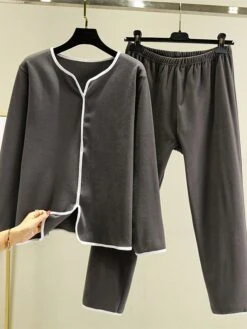 Women's Pajamas Sets Patchwork Warm Fashion Plush Home Daily Bed Cotton Warm Breathable V Wire Long Sleeve Shirt Pant Button Fall Winter Korean Fans Yellow -Deals The Sexy Bra Store uuhreo1695281891984