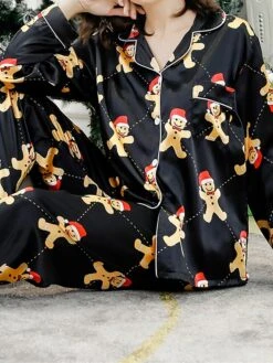Women's Christmas Pajamas Sets Cartoon Color Combo Simple Casual Comfort Home Bed Satin Breathable Lapel Long Sleeve Shirt Pant Button Pocket Fall Winter Black -Deals The Sexy Bra Store uutlub1696751795966