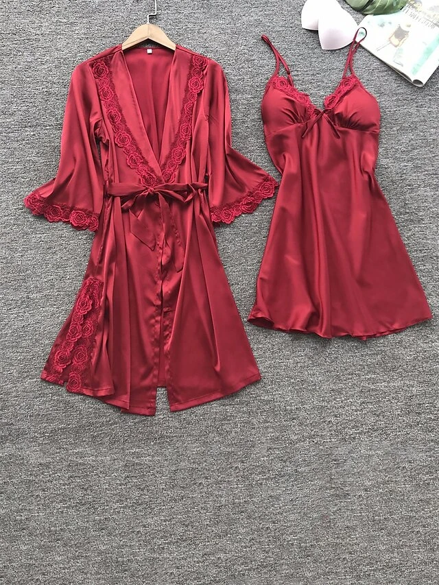 Women's Satin Silk Pajama Sets 2 Pieces Bathrobe Robes Gown Nightgown Pure Color Lovers Hot Comfort Home Daily Bed Satin Breathable V Wire Half Sleeve Summer Spring Silver Champagne 2 Women's Satin Silk Pajama Sets 2 Pieces Bathrobe Robes Gown Nightgown Pure Color Lovers Hot Comfort Home Daily Bed Satin Breathable V Wire Half Sleeve Summer Spring Silver Champagne - Image 2