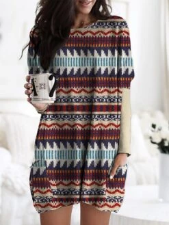 Women's Nightgown Stripe Geometic Fashion Comfort Home Daily Polyester Crew Neck Long Sleeve Pocket Fall Winter Red Blue -Deals The Sexy Bra Store uweqop1694417623395