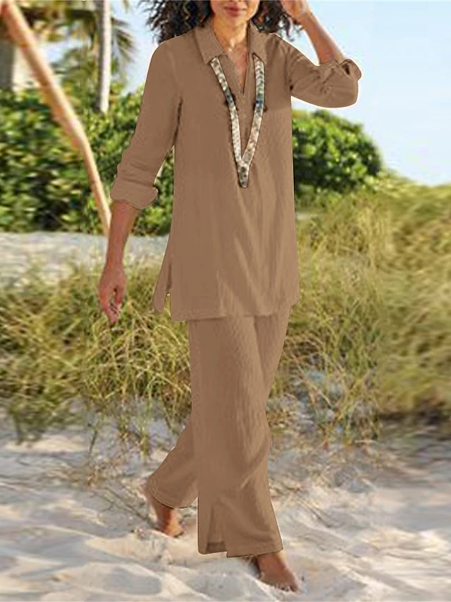 Women's Loungewear Sets Pure Color Basic Casual Comfort Home Daily Vacation Cotton Breathable Lapel Long Sleeve Shirt Pant Summer Spring Black Brown 4 Women's Loungewear Sets Pure Color Basic Casual Comfort Home Daily Vacation Cotton Breathable Lapel Long Sleeve Shirt Pant Summer Spring Black Brown - Image 4