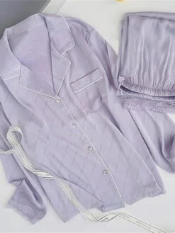 Women's Pajamas Sets Cat Letter Casual Comfort Soft Home Daily Bed Satin Breathable Lapel Long Sleeve Shirt Pant Button Pocket Fall Winter 8602#[Long Sleeve] 8101#[Long Sleeve] -Deals The Sexy Bra Store uwsduz1697161951183