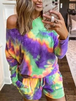 Women's Pajama Top And Pant Tie Dye Fashion Casual Soft Home Daily Bed Polyester Breathable One Shoulder Long Pant T Shirt Tee Shorts Summer Fall Light Green Blue -Deals The Sexy Bra Store uyvwqe1690183493384