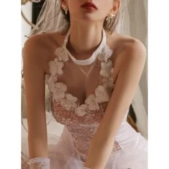 Women's Sexy Bodies Nightgown Pure Color Lovers Hot Comfort Home Bed Valentine's Day Mesh Breathable Halter Neck Long Sleeve Backless Transparent Summer Spring White -Deals The Sexy Bra Store uzwicd1693295714039