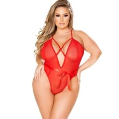 Women's Plus Size Bodysuits Teddies & Bodysuits Solid Colored POLY Halter Neck Backless Criss Cross Belt Included Summer Black Red / Lace / Mesh / Spandex / Deep V / Mesh -Deals The Sexy Bra Store vaitnx1592803823636