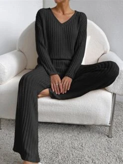 Women's Loungewear Sets Knit Drop Shoulder Tee Sweater And Pants Pure Color Home Street Daily Polyester Breathable V Wire Long Sleeve Sweater Pant Pocket Fall Winter Black Blue -Deals The Sexy Bra Store vbjcpx1692950059056