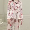 Women's Pajamas Sets Flower Fashion Comfort Soft Home Daily Bed Satin Breathable Lapel Long Sleeve Shirt Pant Button Pocket Fall Winter Pink