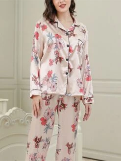 Women's Pajamas Sets Flower Fashion Comfort Soft Home Daily Bed Satin Breathable Lapel Long Sleeve Shirt Pant Button Pocket Fall Winter Pink