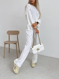 Women's Loungewear Sets Pure Color Fashion Comfort Soft Home Daily Bed Polyester Breathable Crew Neck Long Sleeve T Shirt Tee Pant Elastic Waist Fall Winter White Pink -Deals The Sexy Bra Store vcgcvu1693206737492