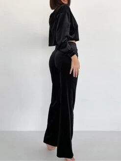 Women's Loungewear Sets Pure Color Warm Comfort Soft Home Daily Bed Velvet Warm Breathable Lapel Long Sleeve Crop Top Pant Fall Winter Black -Deals The Sexy Bra Store vcsmji1693206708376