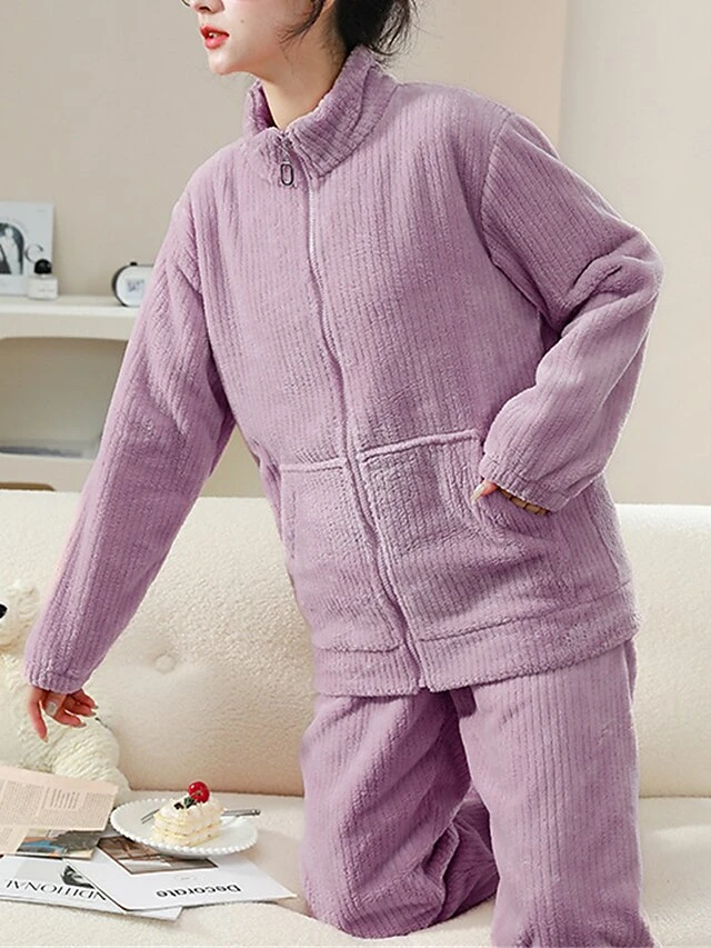 Women's Fleece Pajamas Sets Pure Color Warm Fashion Plush Home Daily Bed Flannel Warm Breathable Stand Collar Long Sleeve Cardigan Pant Fall Winter 2 Women's Fleece Pajamas Sets Pure Color Warm Fashion Plush Home Daily Bed Flannel Warm Breathable Stand Collar Long Sleeve Cardigan Pant Fall Winter - Image 2