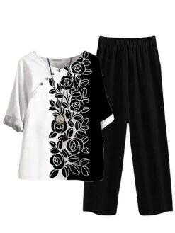 Women's 2 Piece Loungewear Sets Top And Pant Sets Flower Fashion Casual Soft Home Daily Bed Polyester Breathable Crew Neck Half Sleeve T Shirt Tee Pant Summer Spring Black -Deals The Sexy Bra Store vfljrl1678098713655